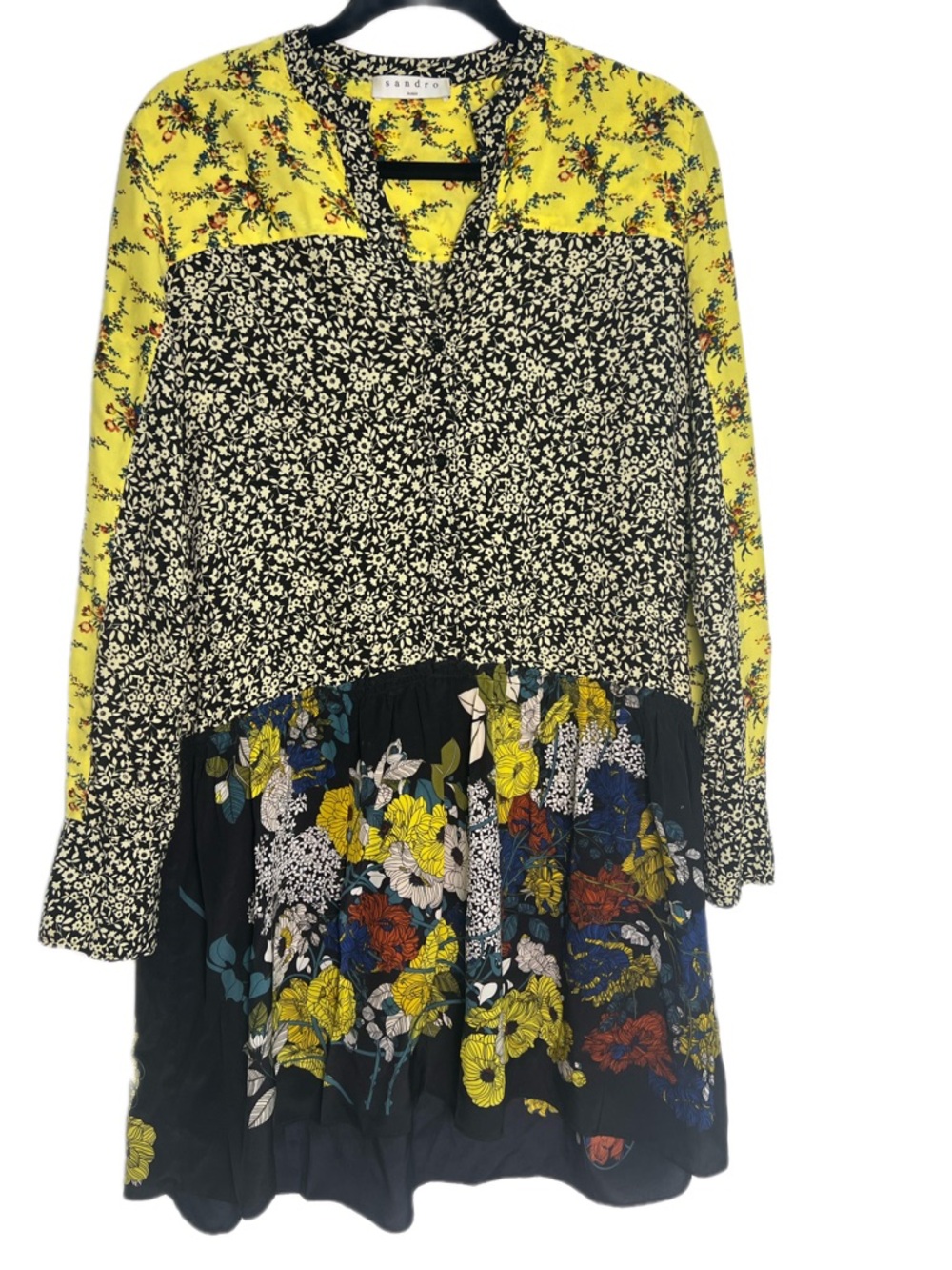 Sandro Floral Patchwork Mini Dress Yellow Black Long Sleeve Boho Size 2 - Picture 2 of 13